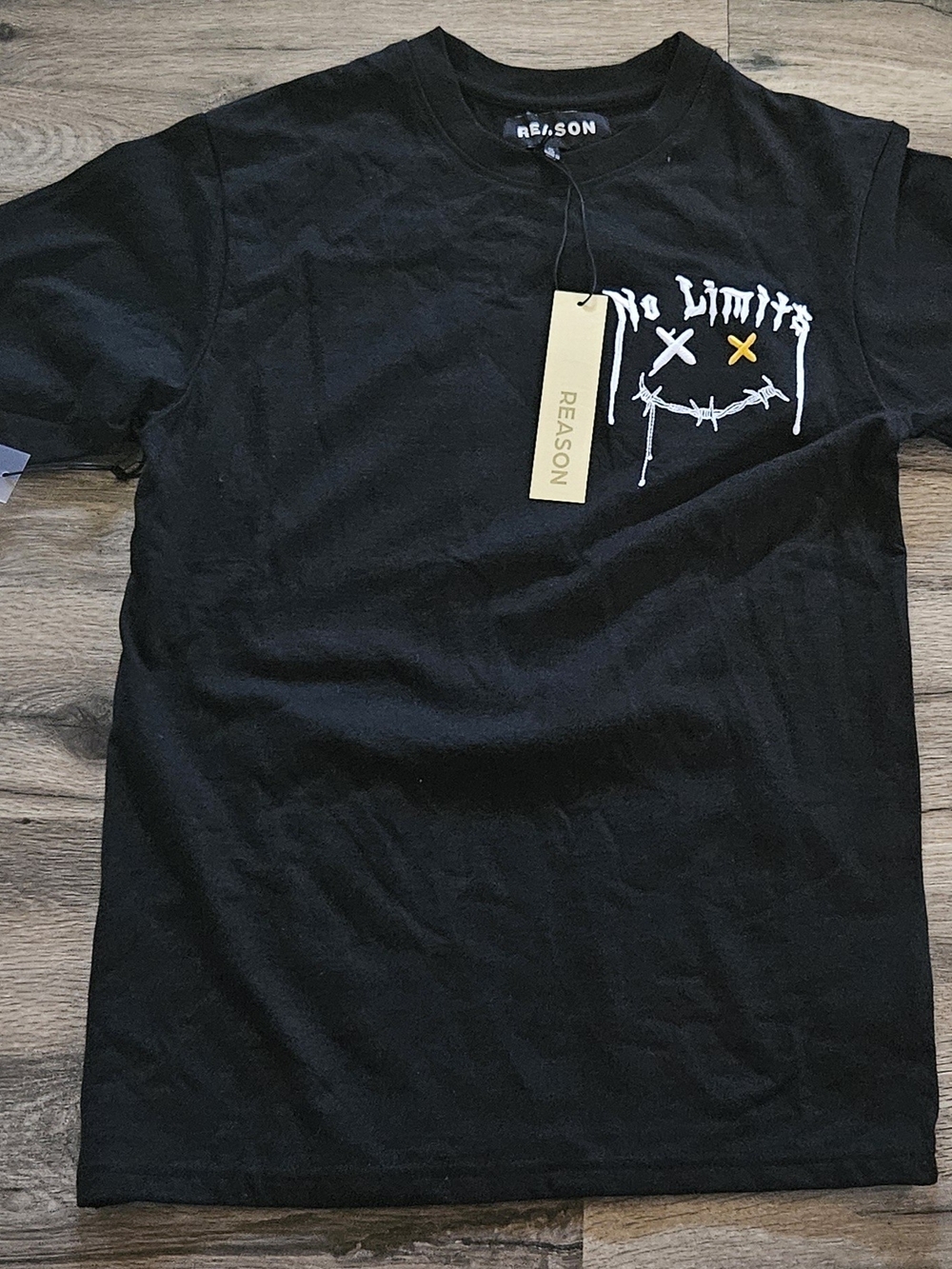 Reason Black Short Sleeve Tee with White & Yellow 'No Limits' Graphic